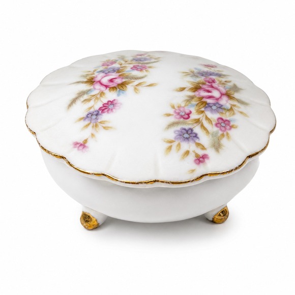 Unbranded Other - Vintage Floral Porcelain Trinket Box Gold Trim Footed Round Jewelry Dish 7055